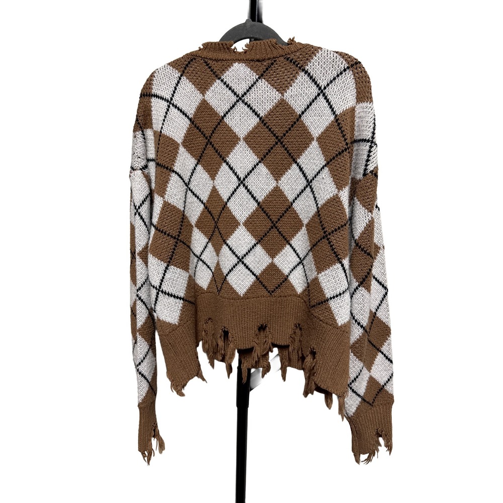 Forever 21 Dark Academia Soft‎ Grunge Brown Argyle Distressed Knit Sweater Small - Picture 2 of 6